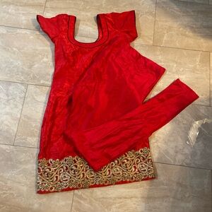 CLEAR OUT SALE Indian Two Piece Indian Suit - Red Embellished Kameez with Pajami